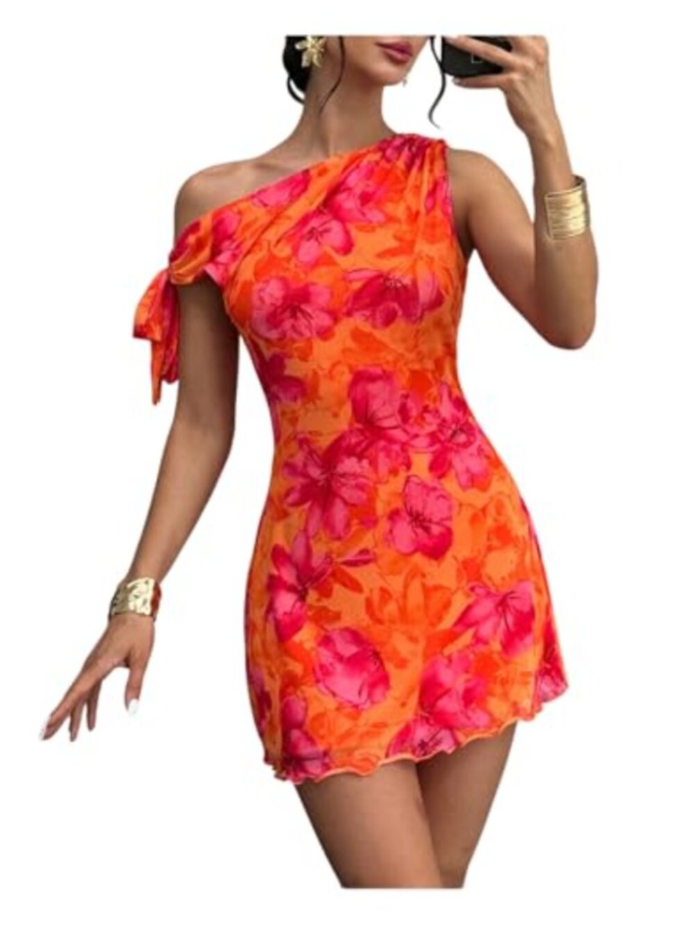 GORGLITTER Women's Bodycon Mini Dress Tie One Shoulder Pencil Short Dress